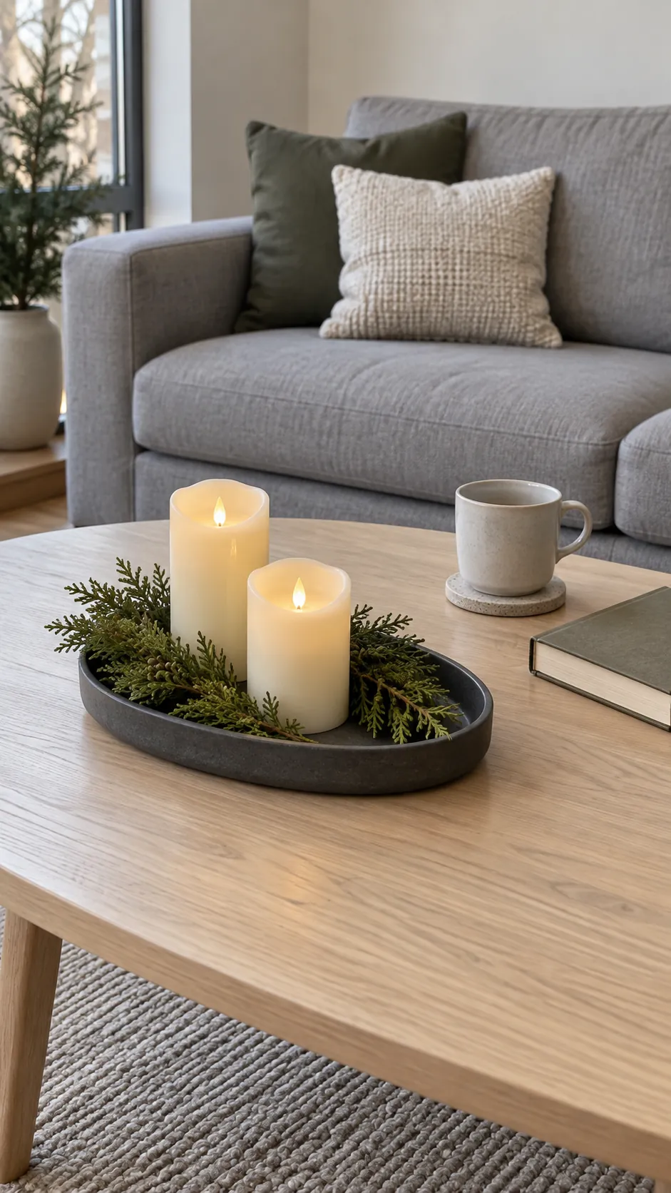 A contained greenery tray with battery candles for minimalist Christmas decor