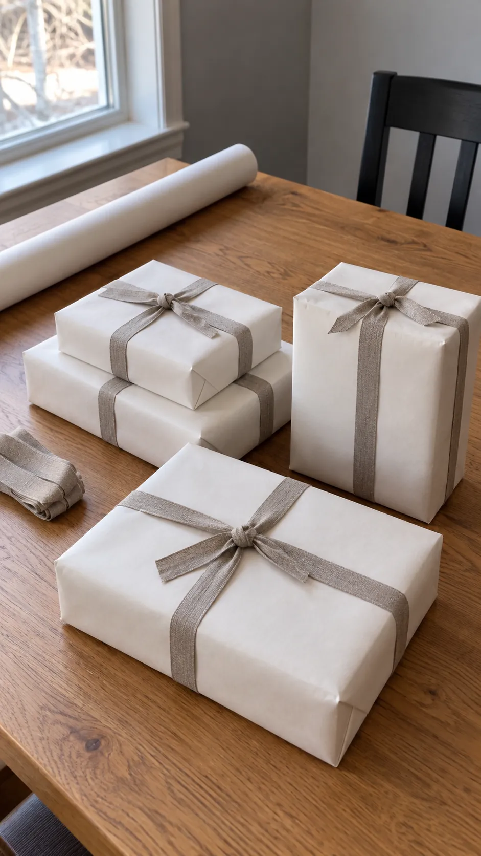 Plain wrapping with one repeatable tie for minimalist Christmas decor