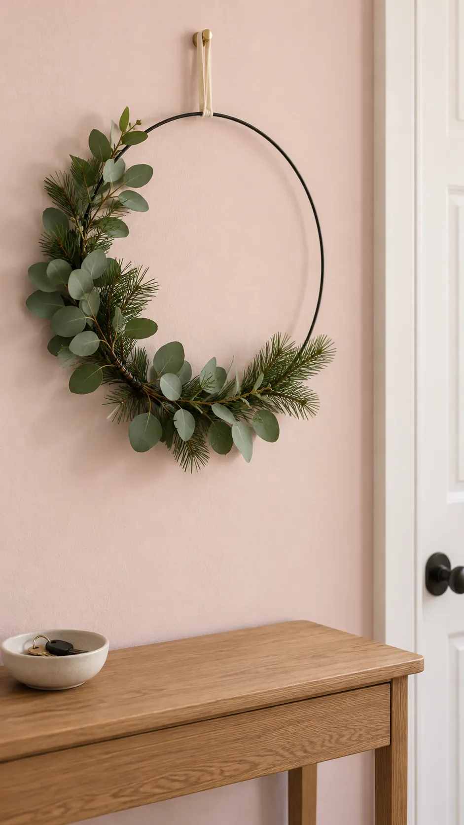 A sparse eucalyptus and pine wreath for minimalist Christmas decor