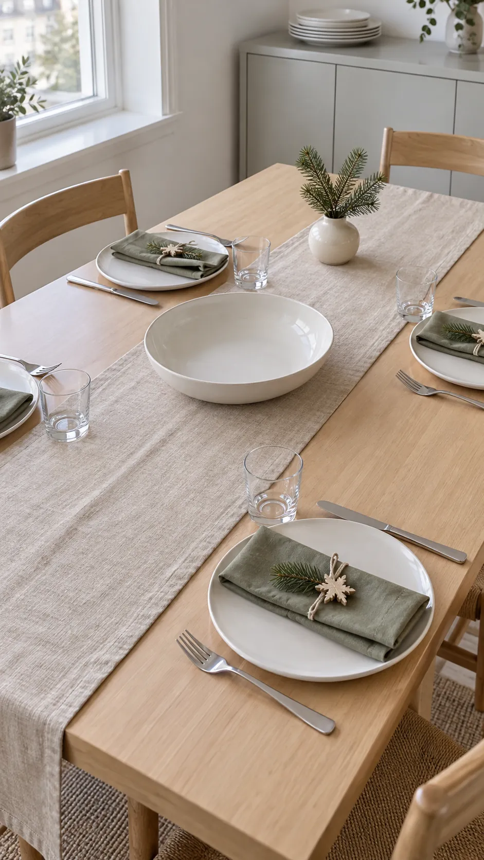 A linen runner that leaves serving space for minimalist Christmas decor
