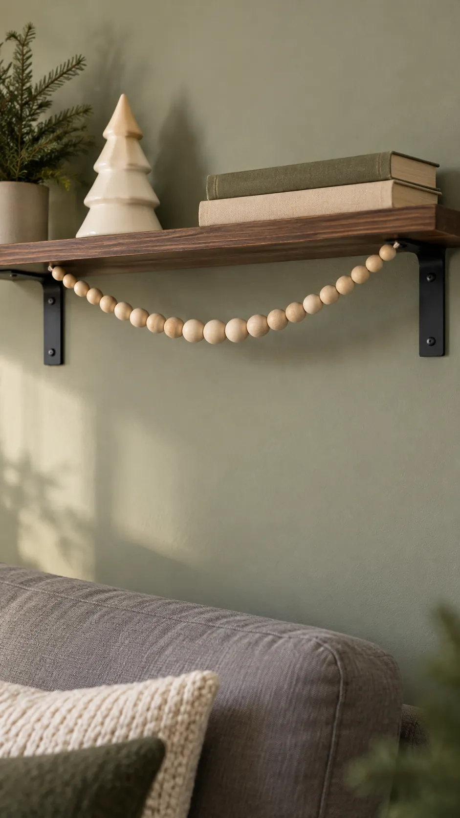 A short wooden bead garland for minimalist Christmas decor