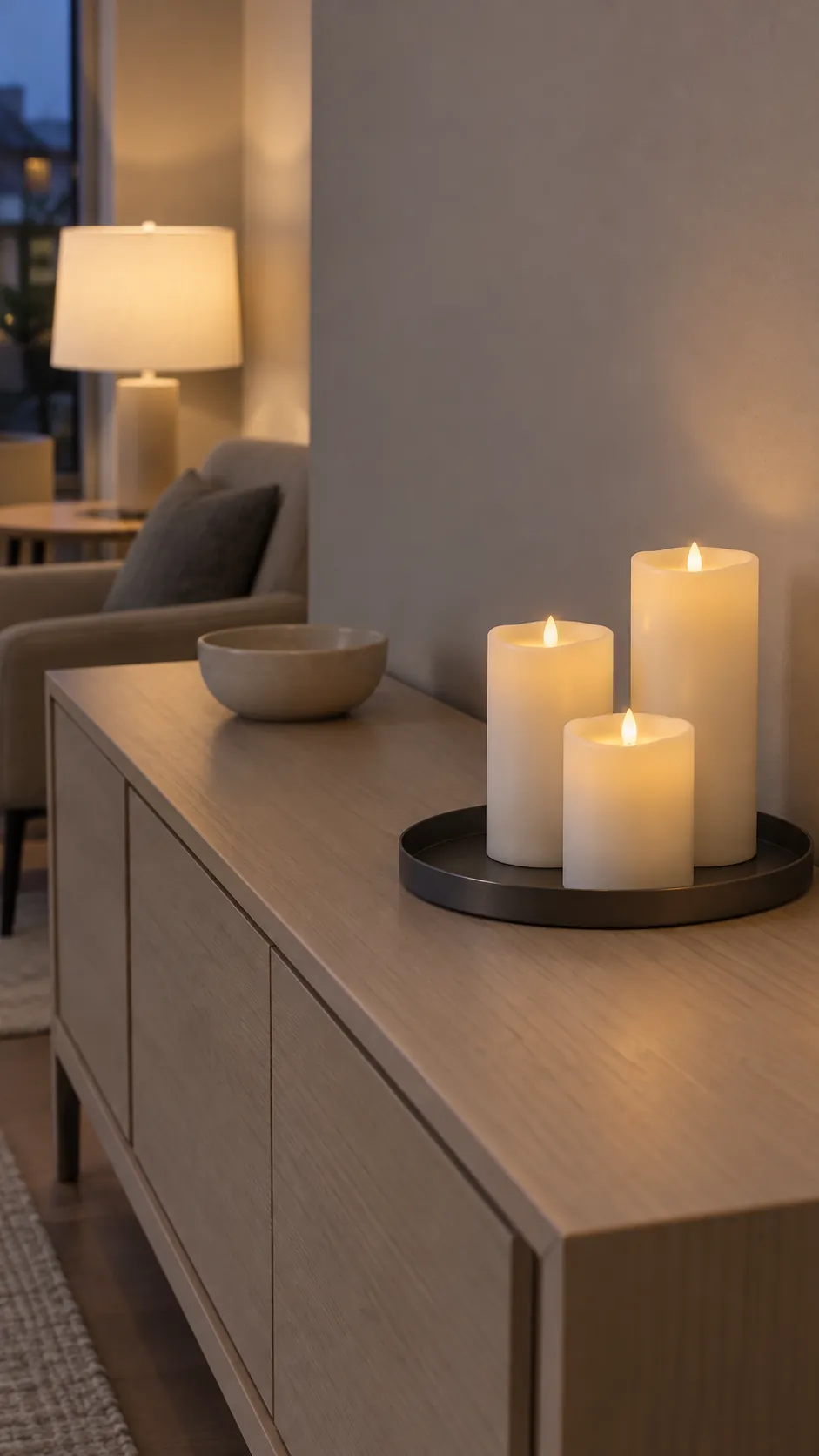 White battery pillars on a simple tray for minimalist Christmas decor