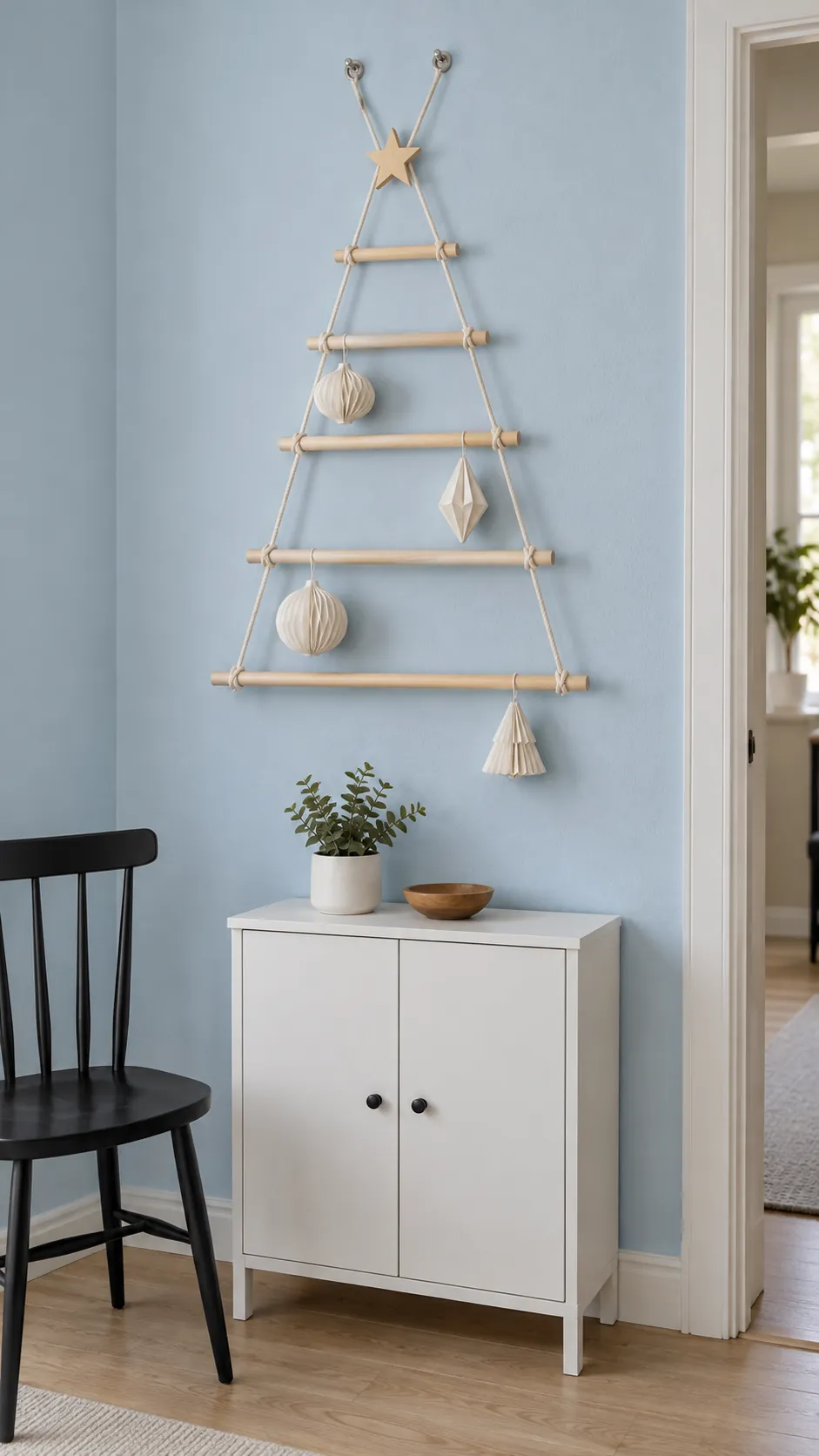 A flat wooden tree for a narrow wall for minimalist Christmas decor