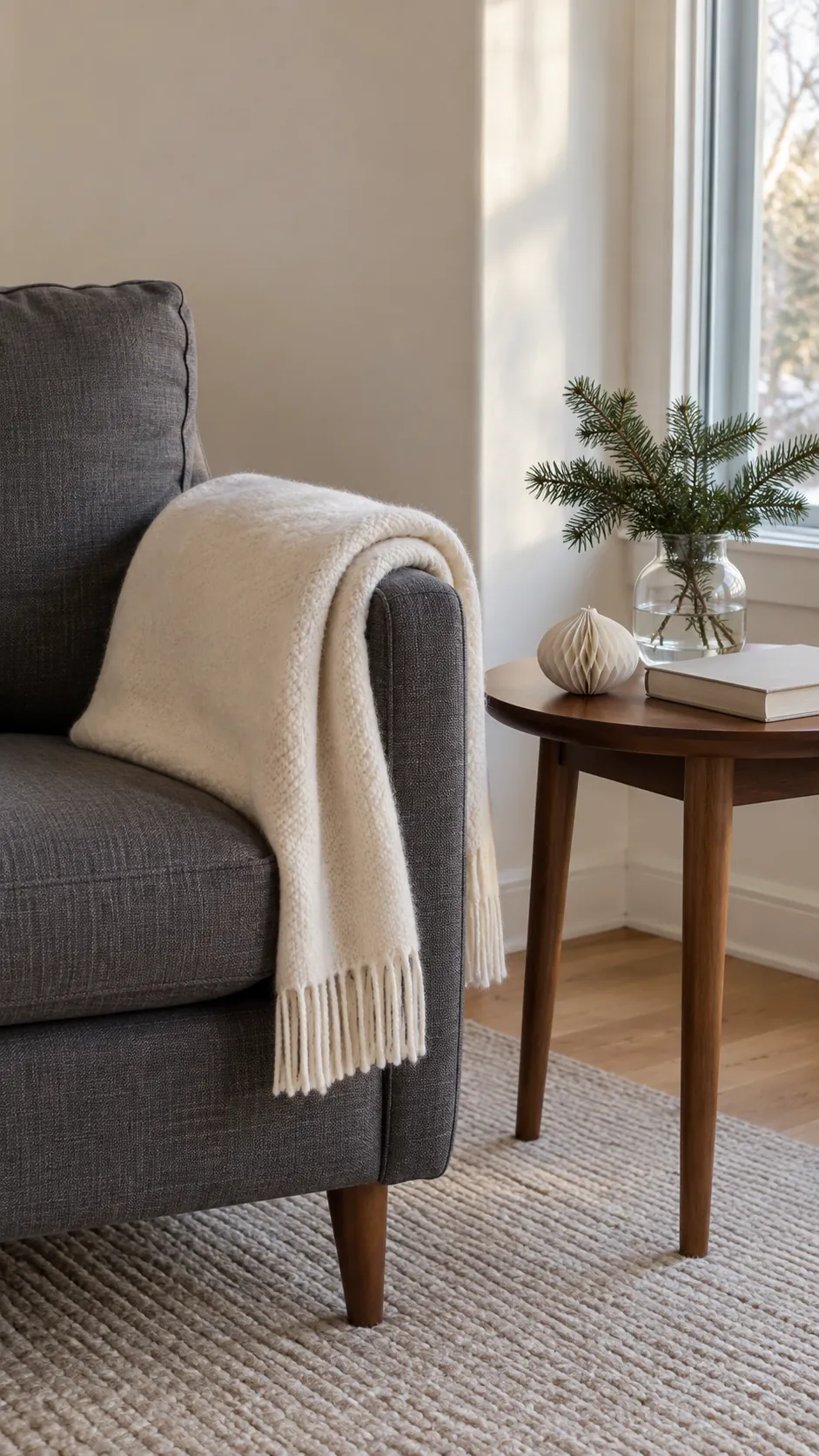 One neutral throw with a seasonal accent nearby for minimalist Christmas decor