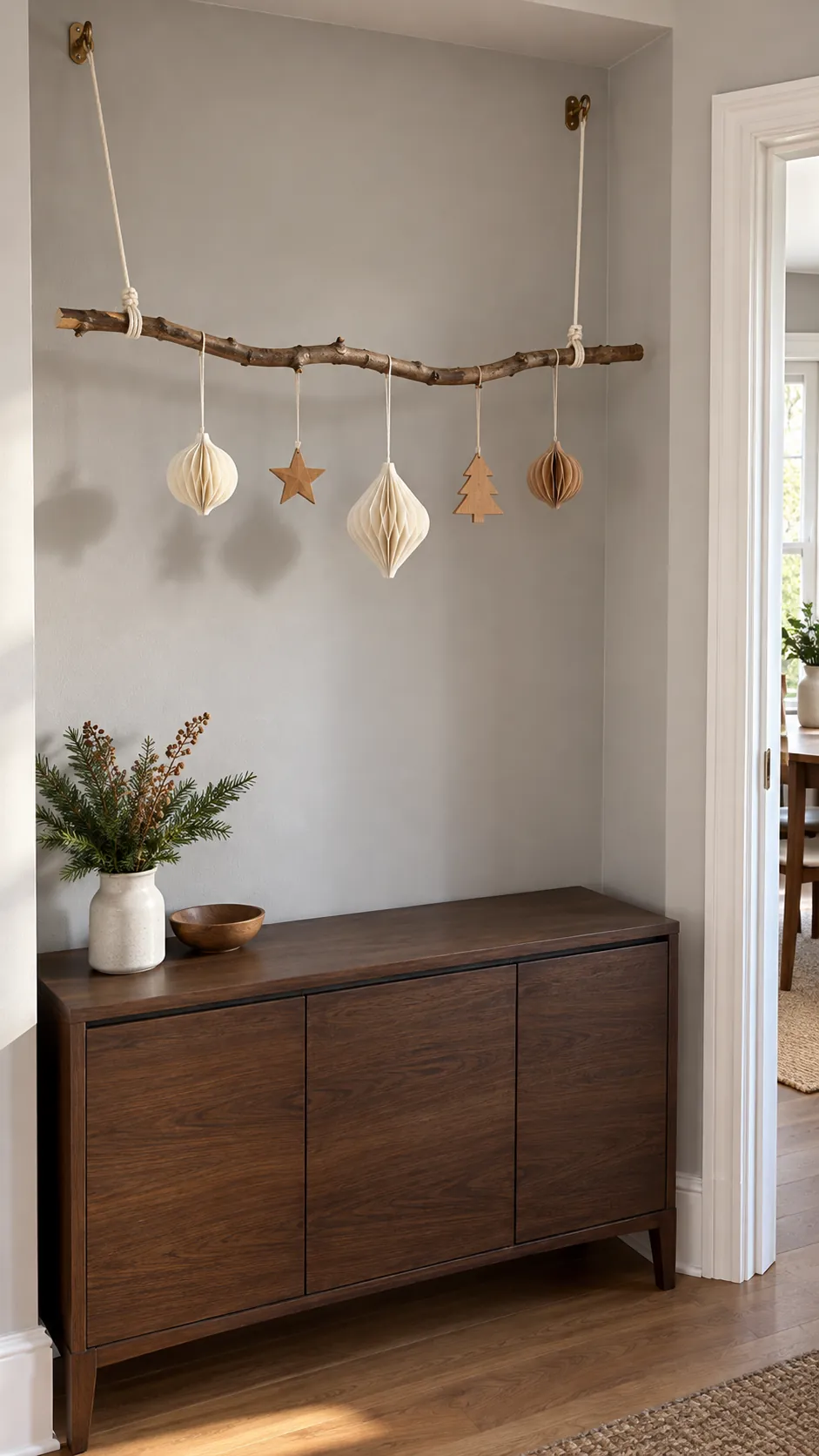 A suspended branch with lightweight ornaments for minimalist Christmas decor