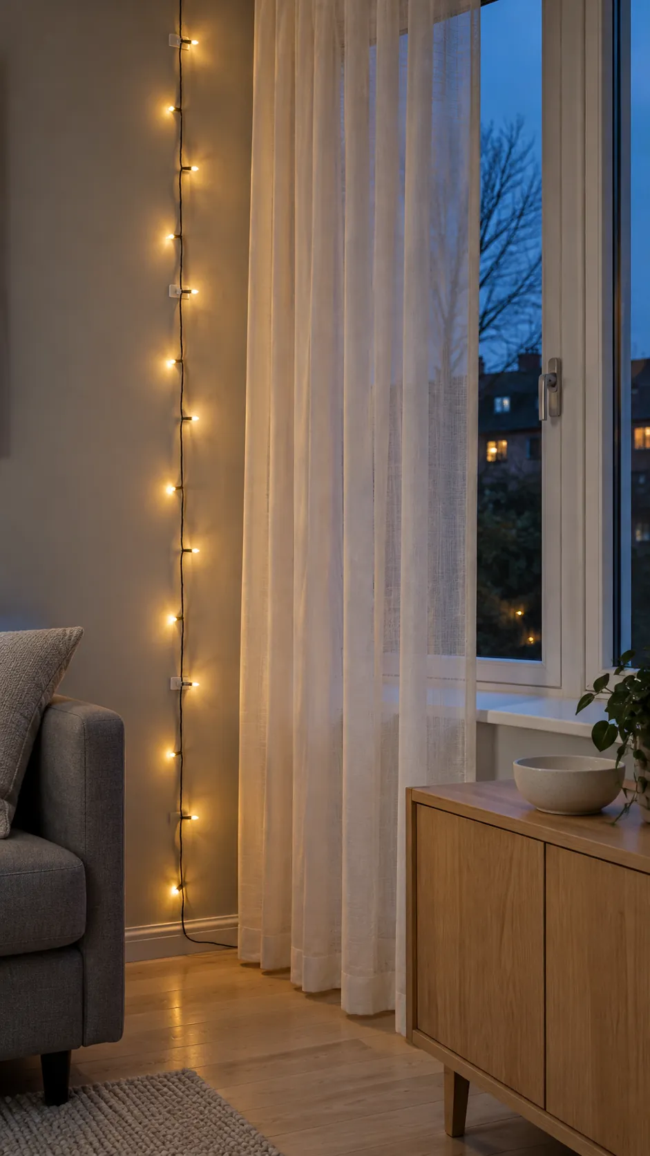 A visible light strand beside sheer curtains for minimalist Christmas decor