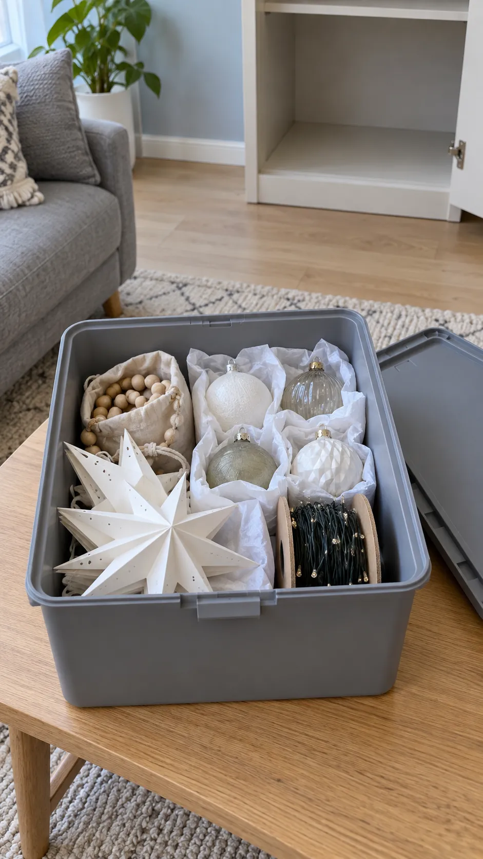 A display that fits one storage box for minimalist Christmas decor