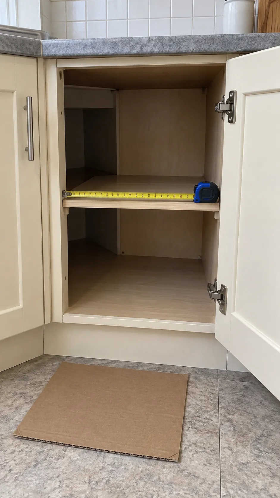 Measured opening of a deep blind corner kitchen cabinet
