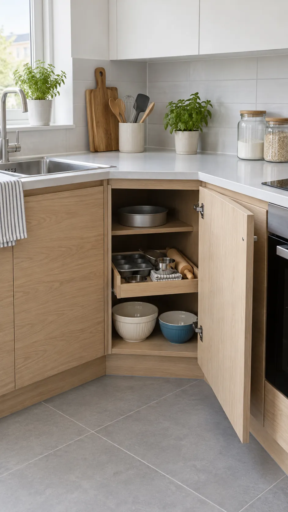 Accessible corner kitchen cabinet with bowls and a removable tray