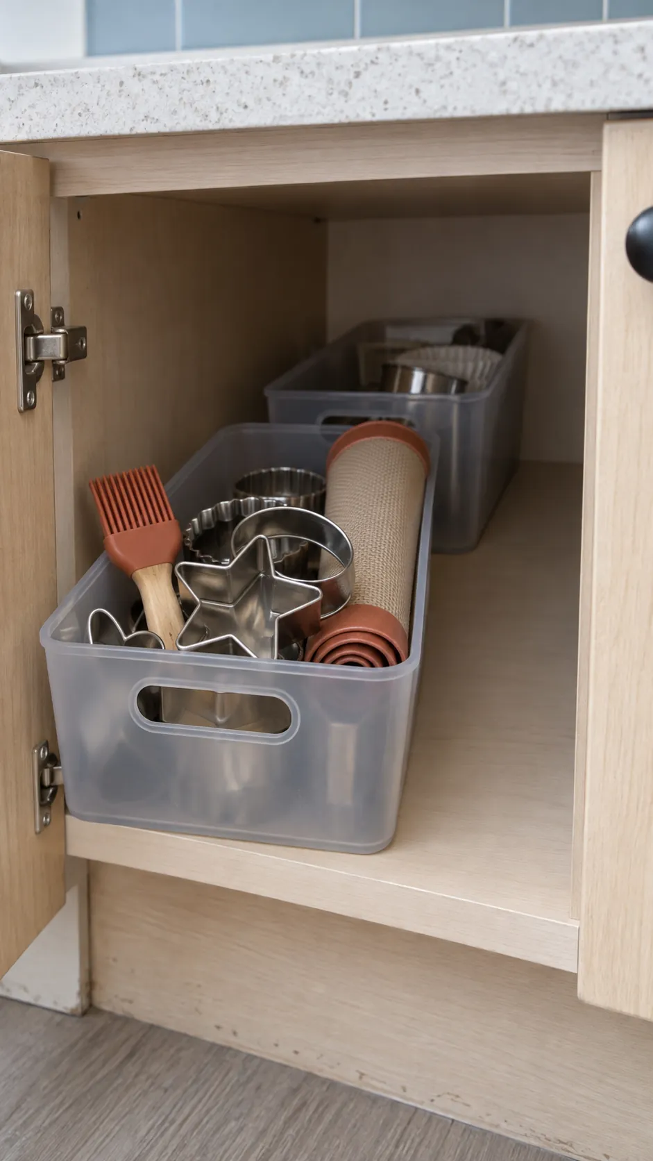 Removable baking tool bin with a clear retrieval lane