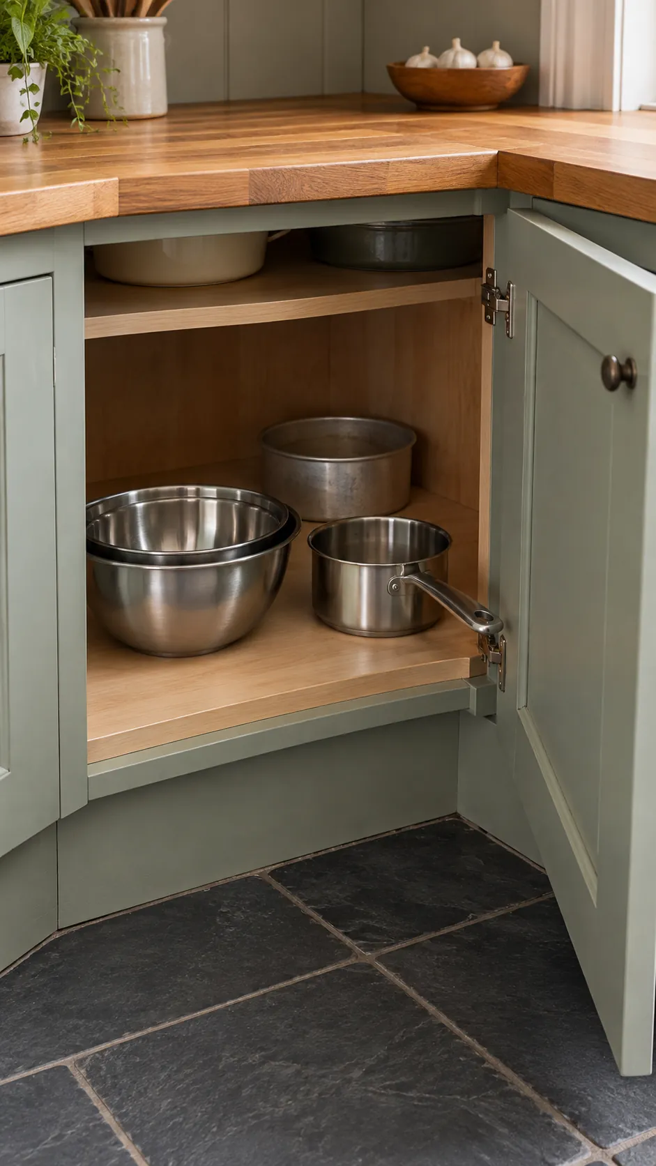 Daily mixing bowls at the front of a diagonal corner cabinet