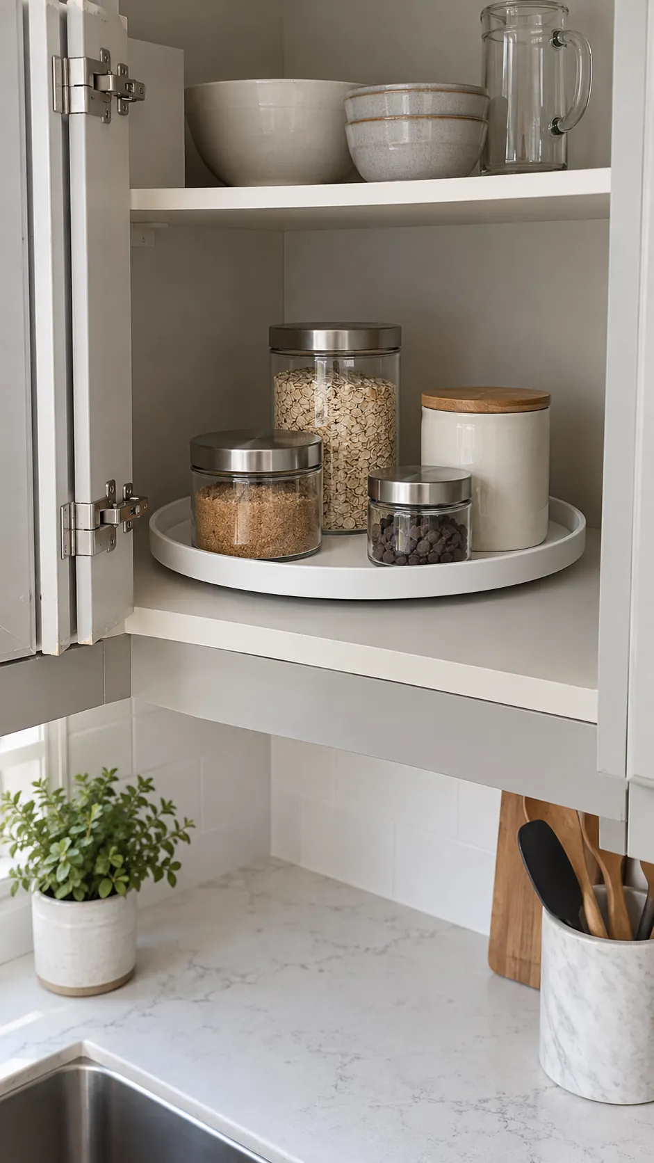 Turntable with clear rotation space in an upper corner cupboard