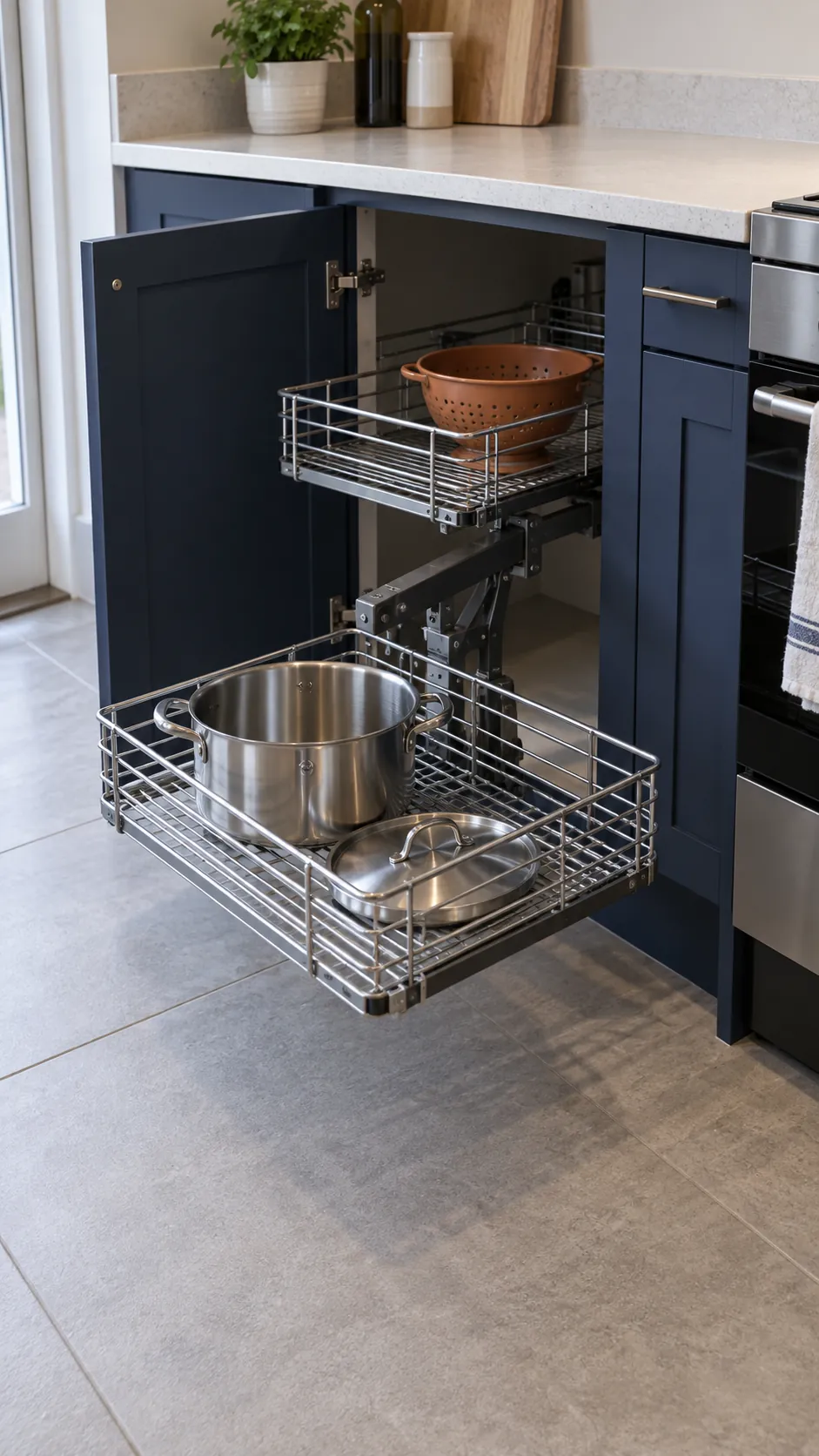 Extended fitted blind corner baskets with cookware