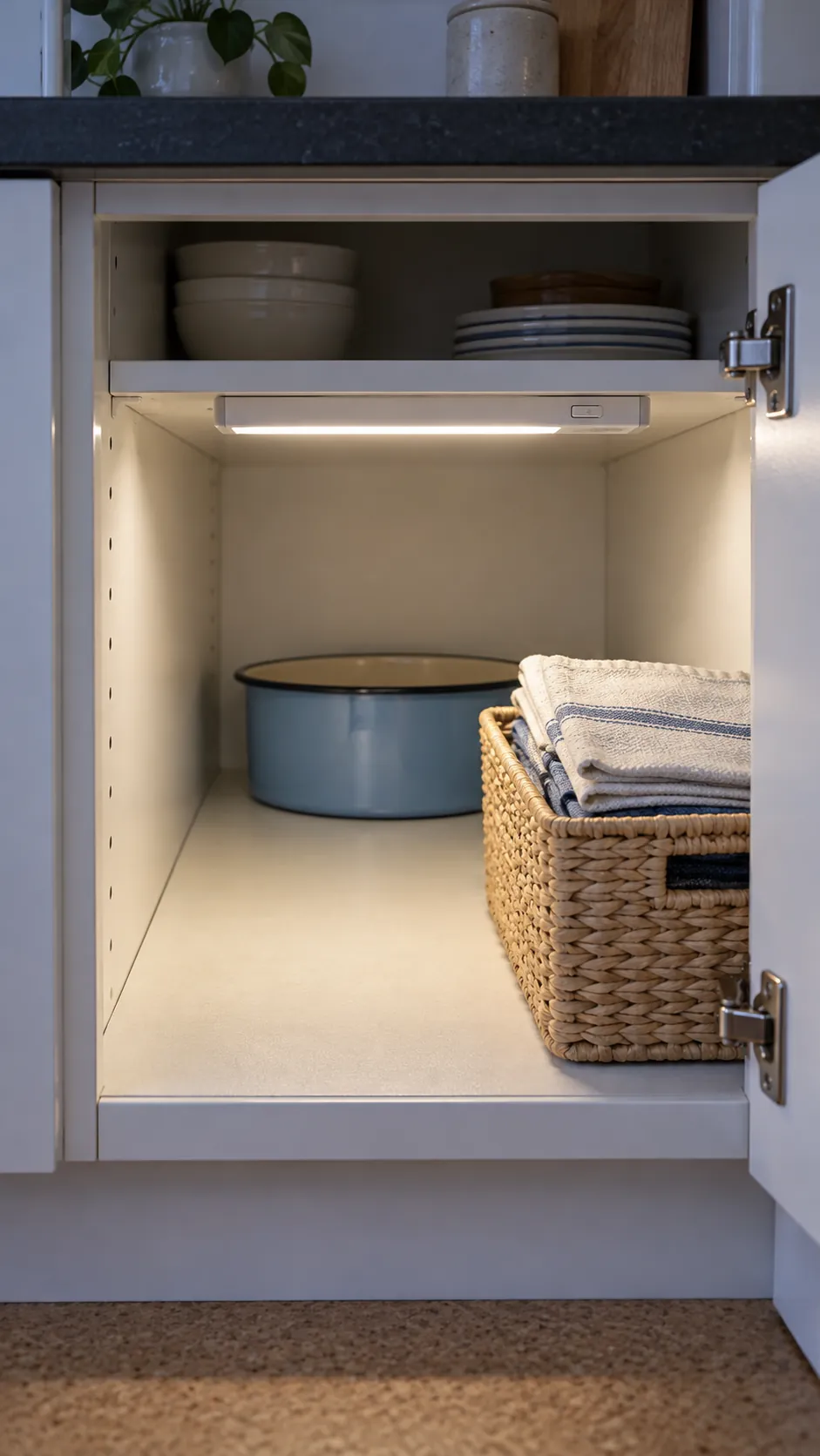 Cabinet light illuminating a clear path to a rear cake pan