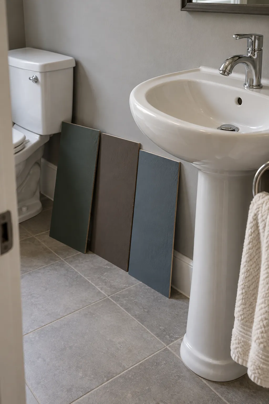 Undertone testing beside porcelain in a dark powder room with white fixtures