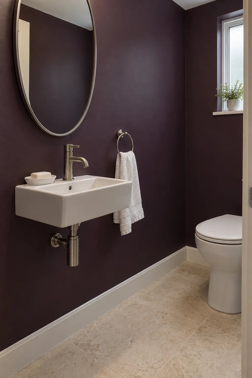 Useful repetitions of white in a dark powder room with white fixtures