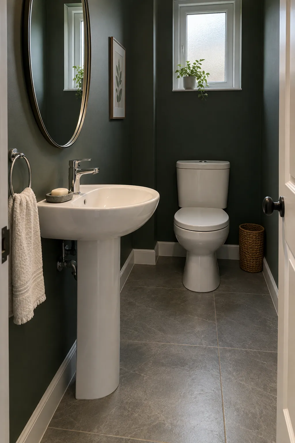 Dark green powder room balanced with white porcelain fixtures