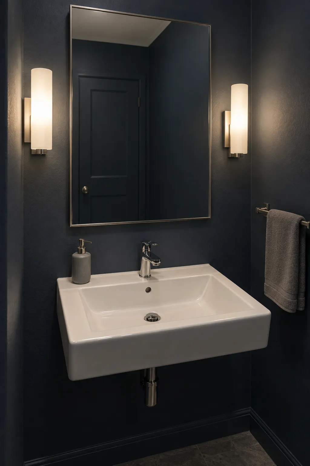 Mirror lighting that softens stark contrast in a dark powder room with white fixtures