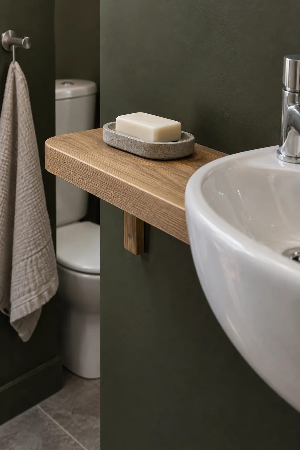 Wood as a bridge between dark and white in a dark powder room with white fixtures