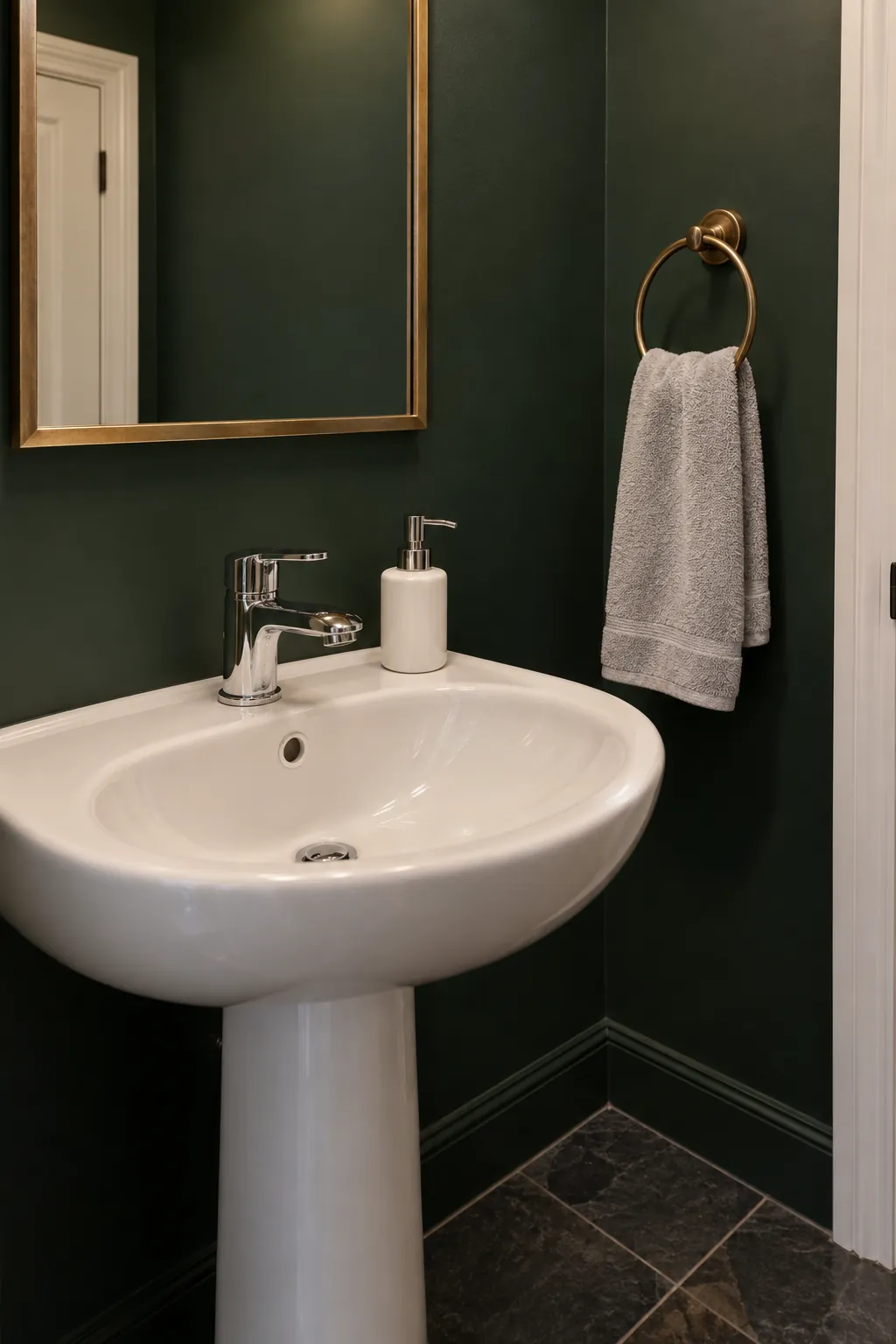 Two metal finishes with deliberate roles in a dark powder room with white fixtures