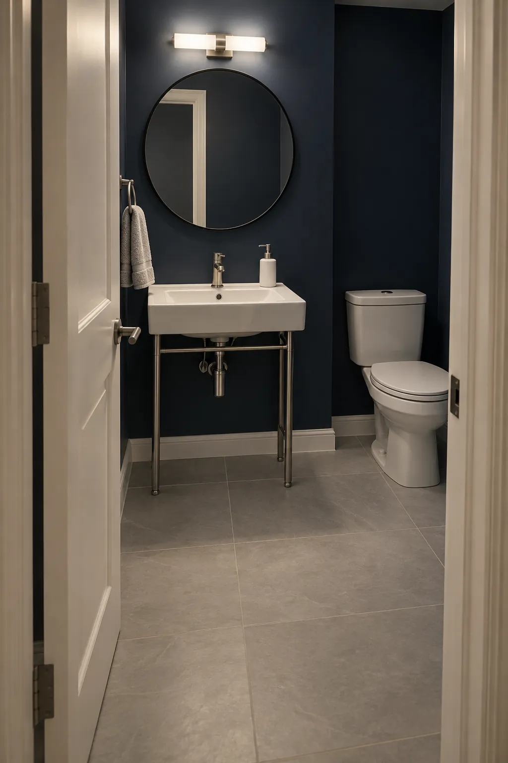 Doorway view with a clear sink focal point in a dark powder room with white fixtures
