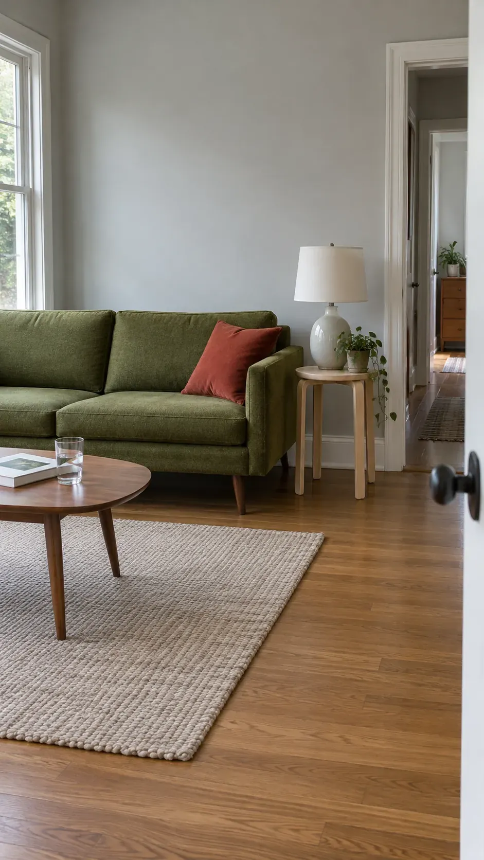 Livable 1950s inspired sitting room with green sofa and clear floor space
