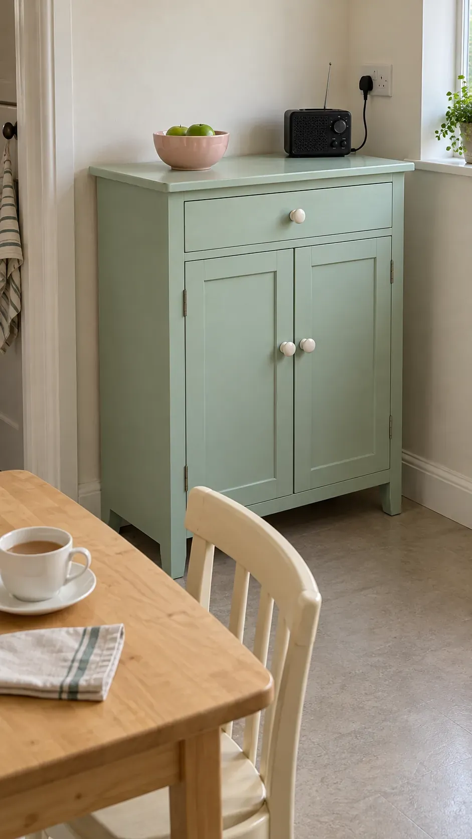 Pastel cabinet in a modest breakfast corner inspired by 1950s interior design