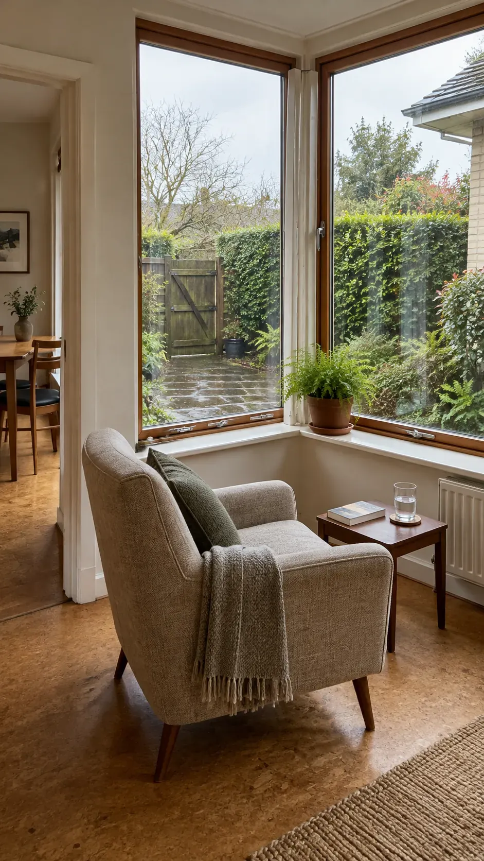 An intact corner window and garden connection inspired by 1950s interior design