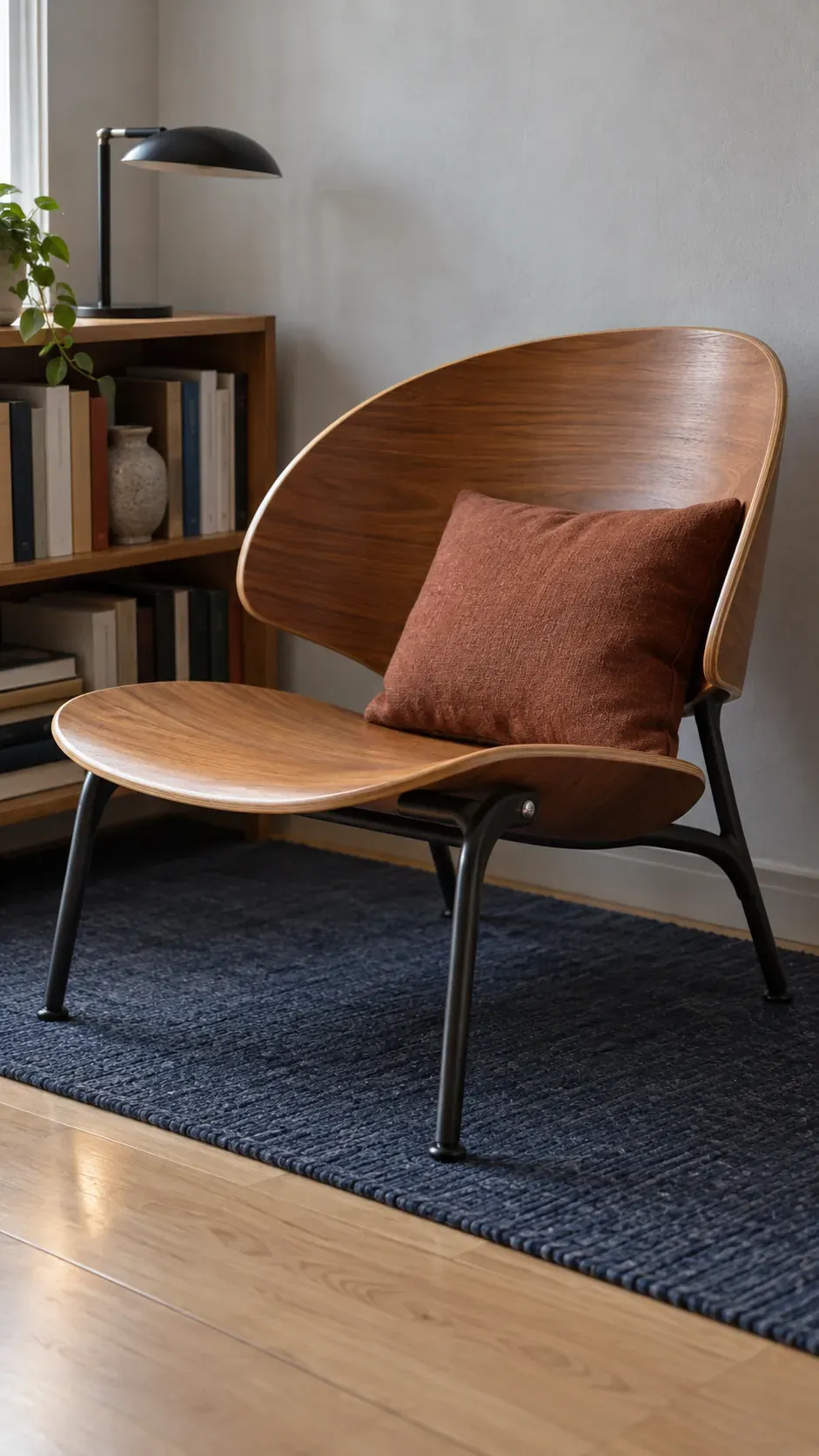 Curved plywood chair in a reading alcove inspired by 1950s interior design