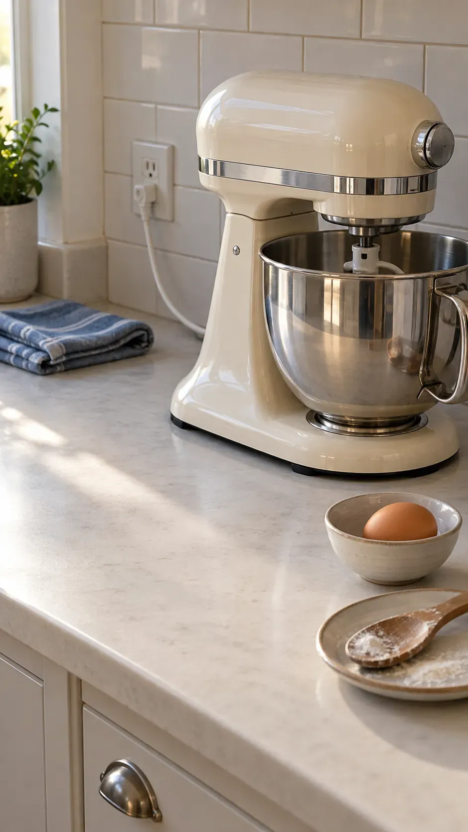Rounded cream mixer with counter space left clear inspired by 1950s interior design