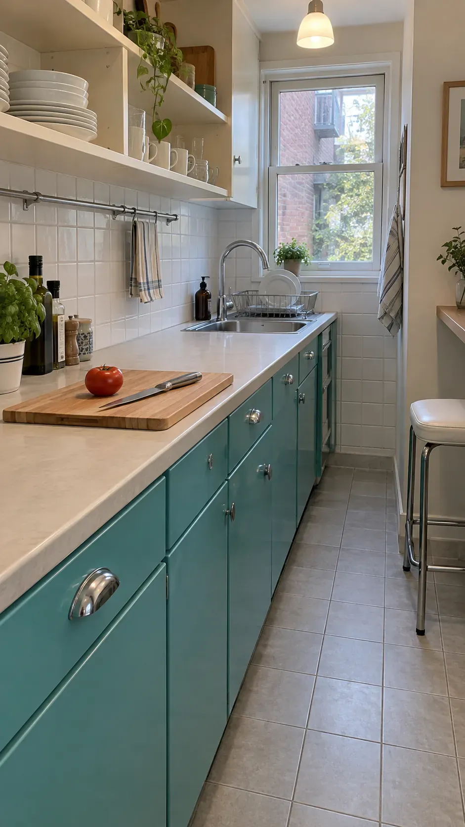 Turquoise lower cabinets around an active counter inspired by 1950s interior design