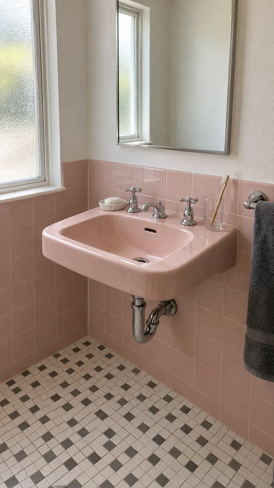 Original pink basin with simple modern towels inspired by 1950s interior design