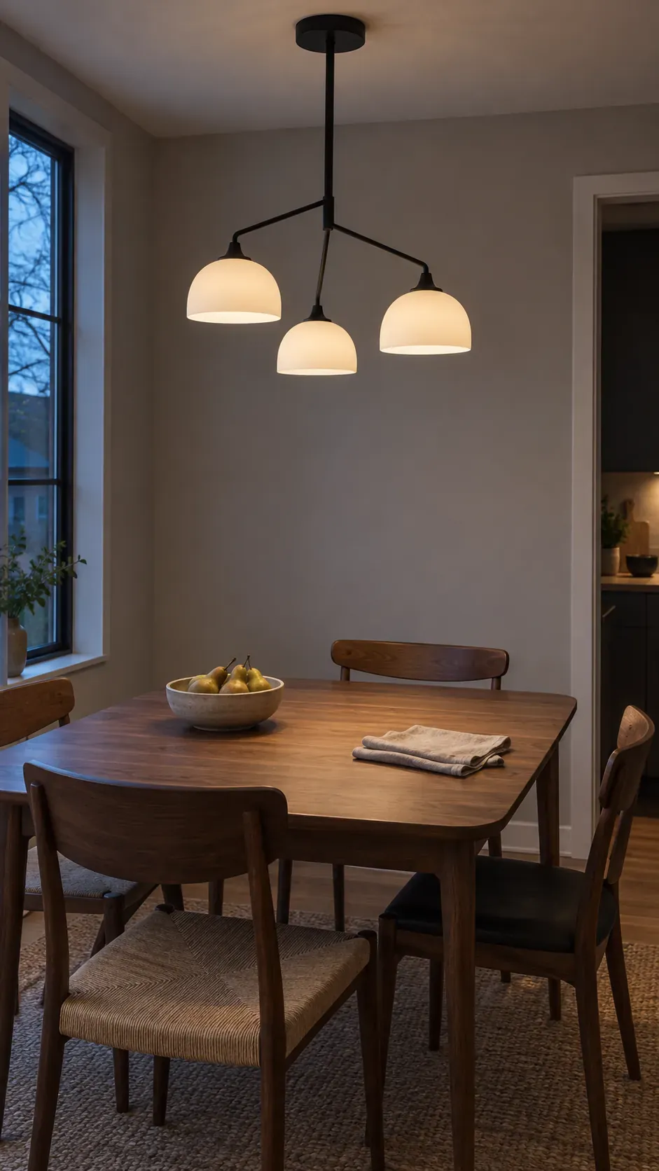Branching pendant over a compact dining table inspired by 1950s interior design
