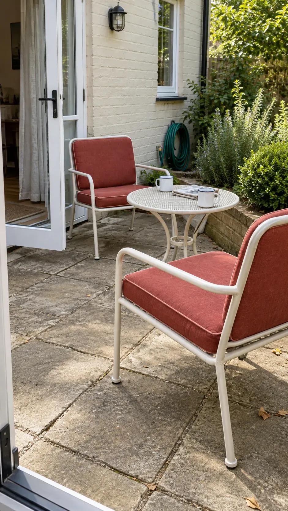 Open frame patio chairs at the back door inspired by 1950s interior design