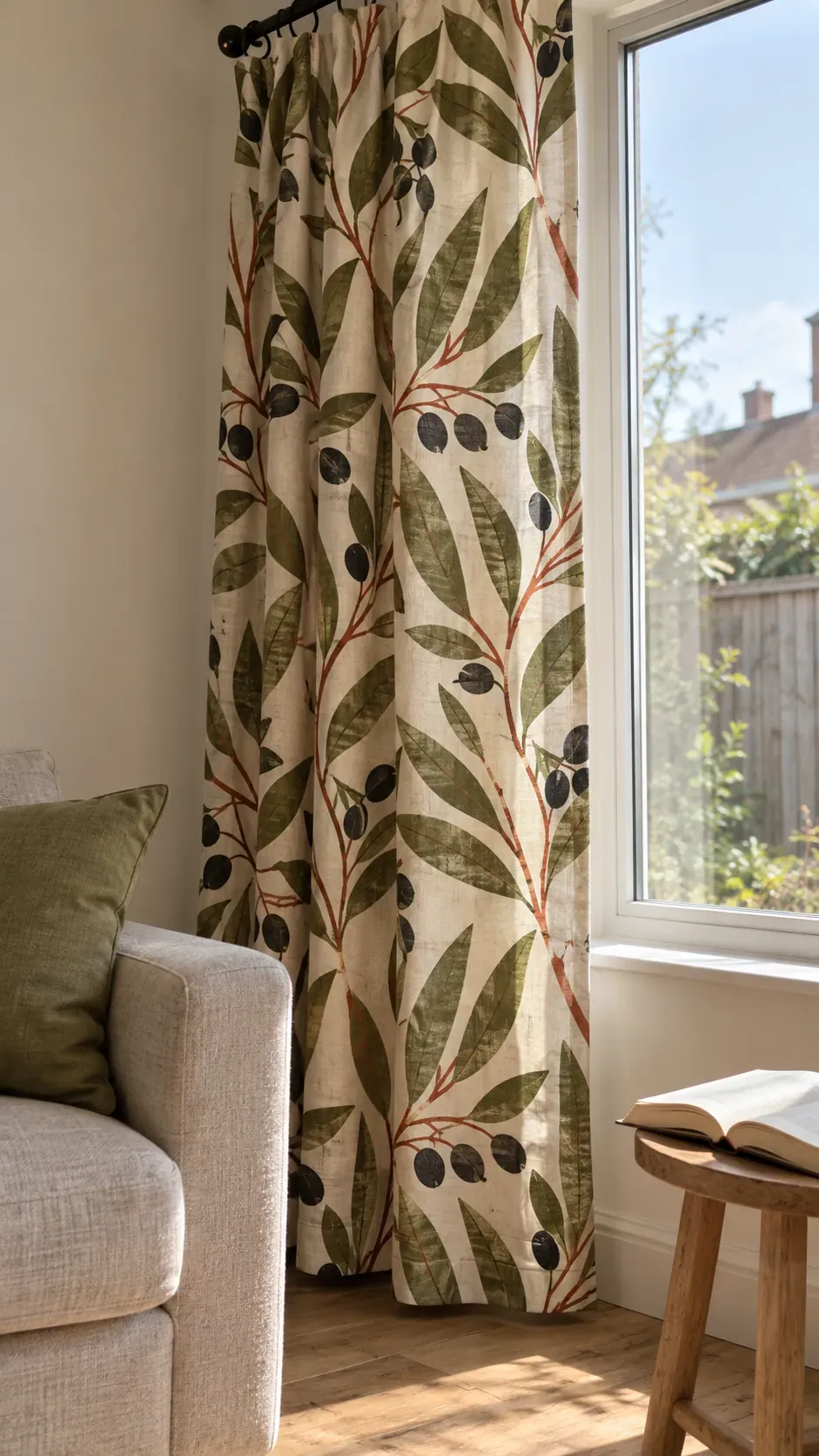 Barkcloth foliage at a sunny window edge inspired by 1950s interior design