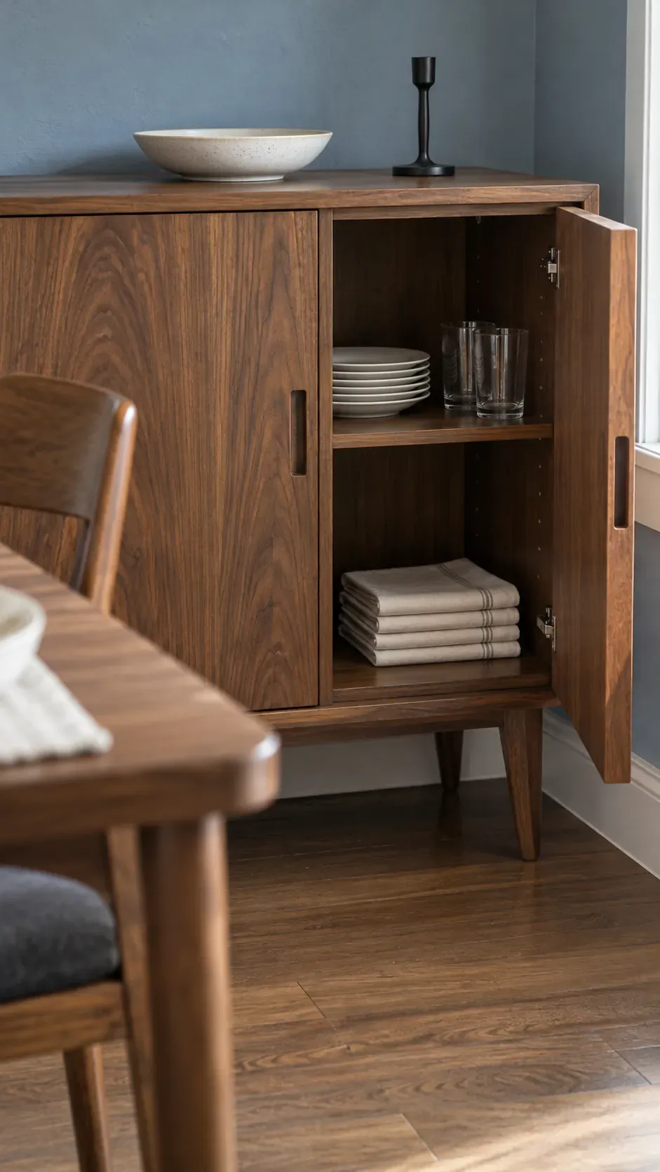 Walnut cabinet edge and useful internal storage inspired by 1950s interior design
