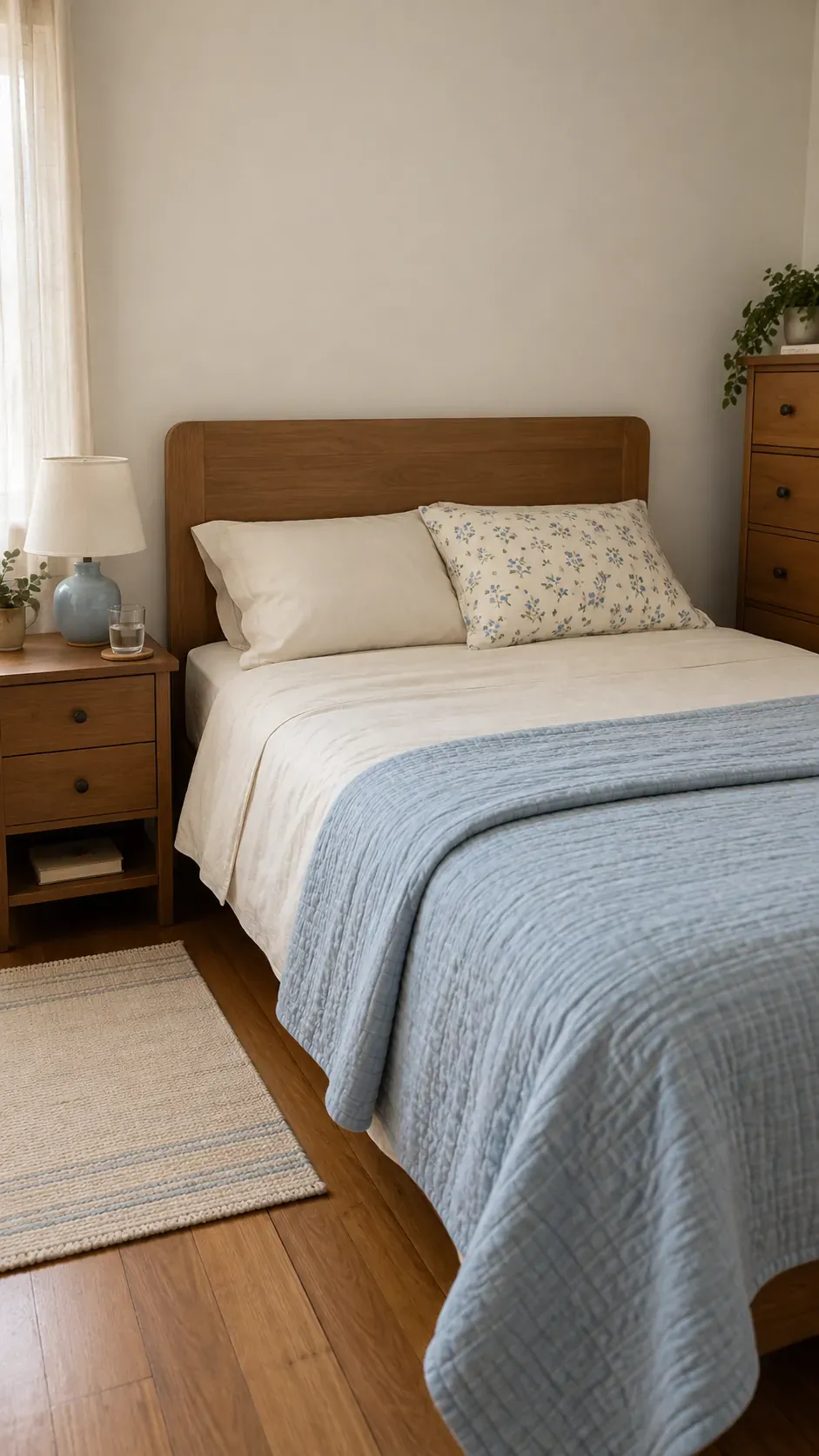 Simple timber headboard and quiet floral bedding inspired by 1950s interior design