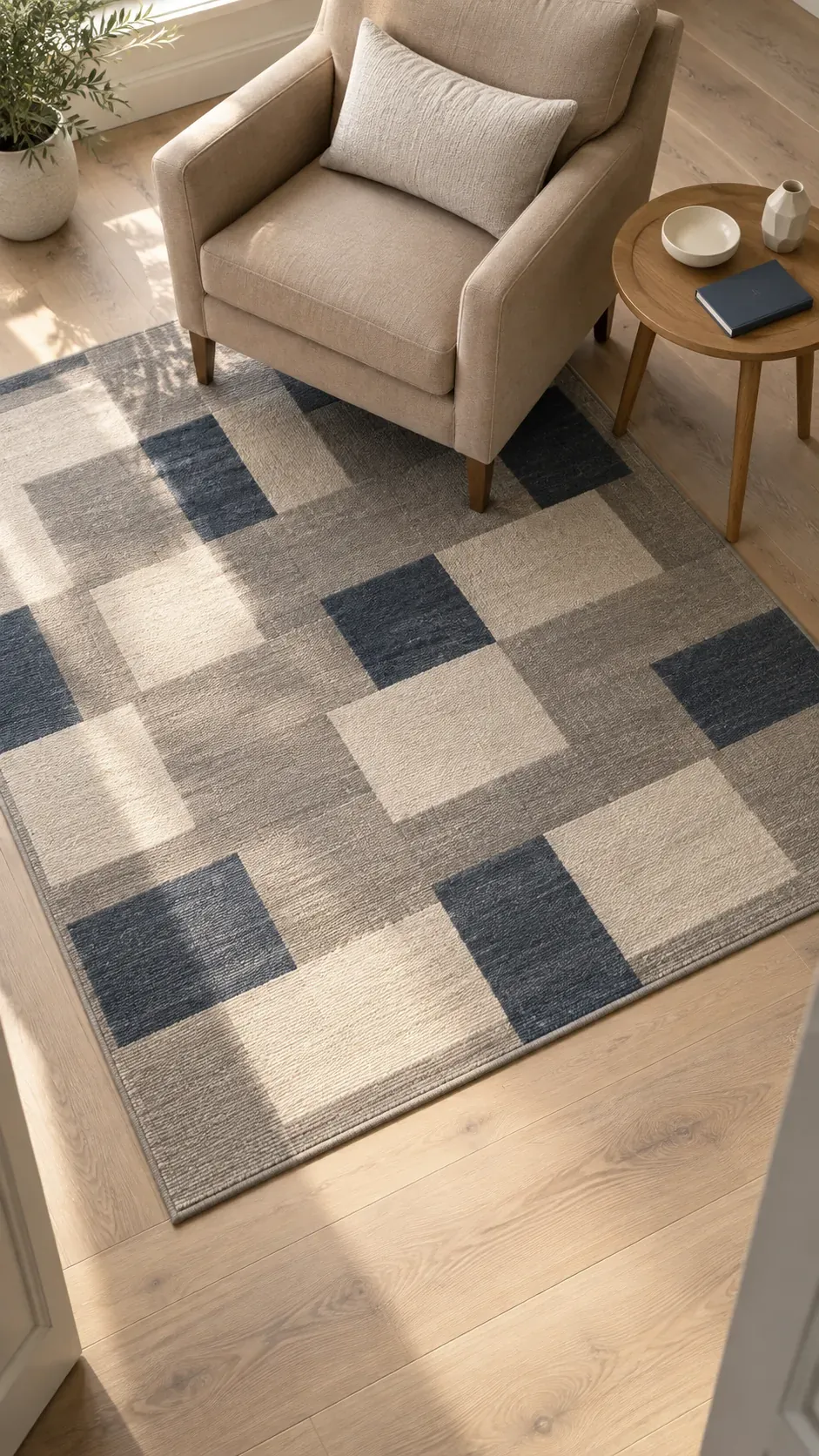 Geometric rug related to a usable seating group inspired by 1950s interior design