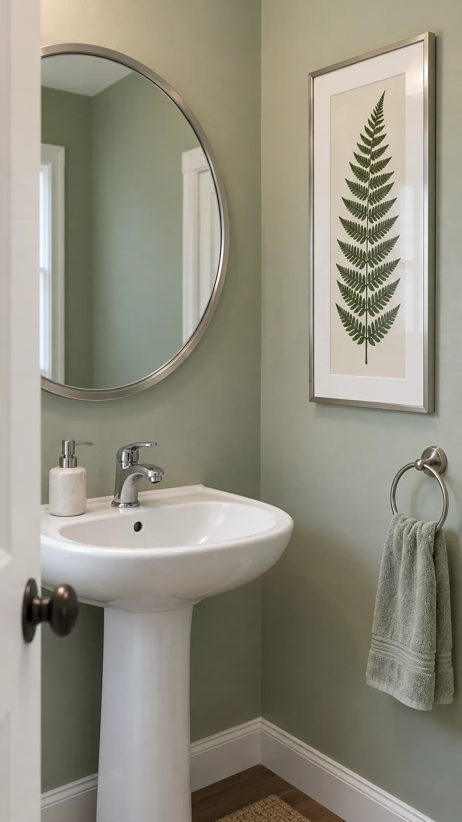 Tall fern study paired with a round powder room mirror
