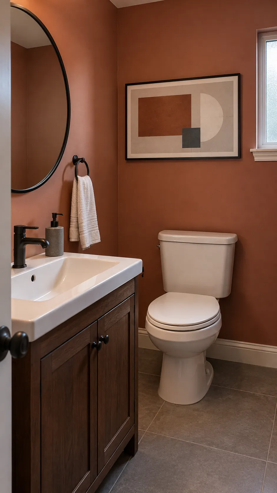 Wide geometric work over the tank paired with a round powder room mirror