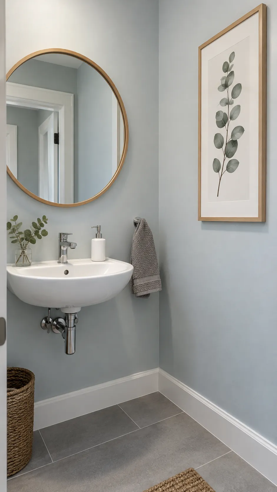Round powder room mirror with a framed eucalyptus study