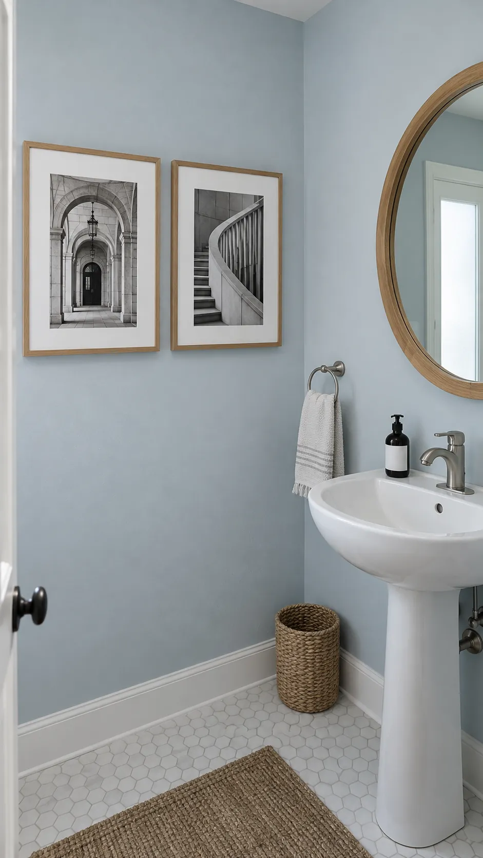 Architectural photograph pair paired with a round powder room mirror