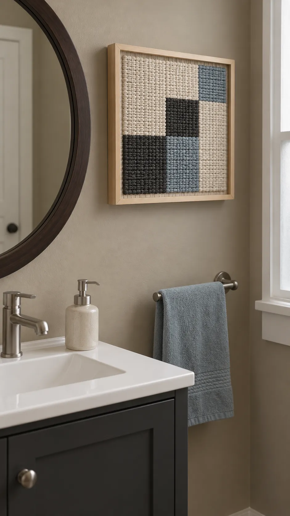 Woven texture in a shallow frame paired with a round powder room mirror