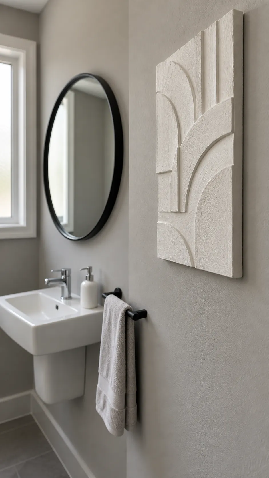 Shallow sculptural relief paired with a round powder room mirror