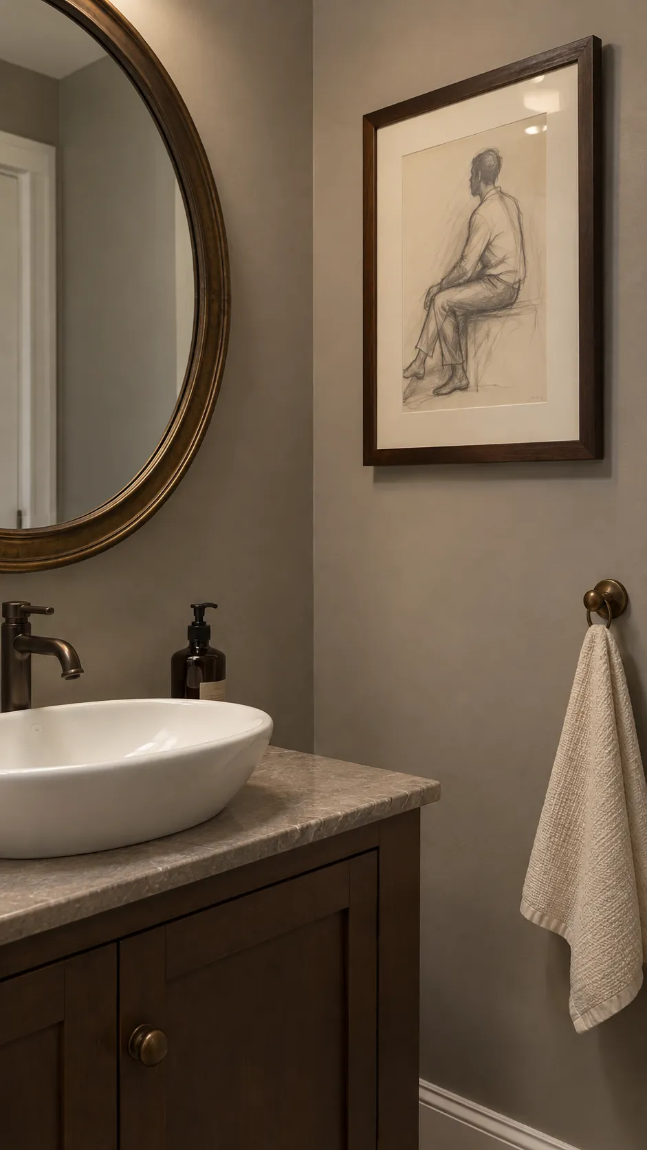 Quiet charcoal figure paired with a round powder room mirror