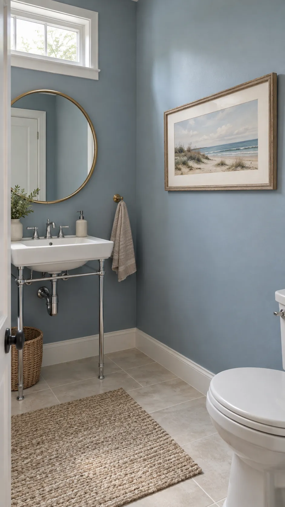 One muted coastal landscape paired with a round powder room mirror