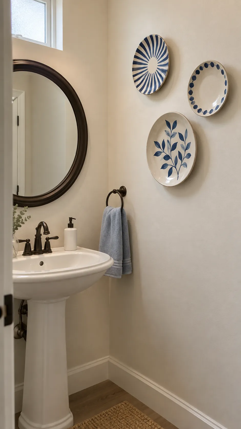 Decorative plate cluster paired with a round powder room mirror