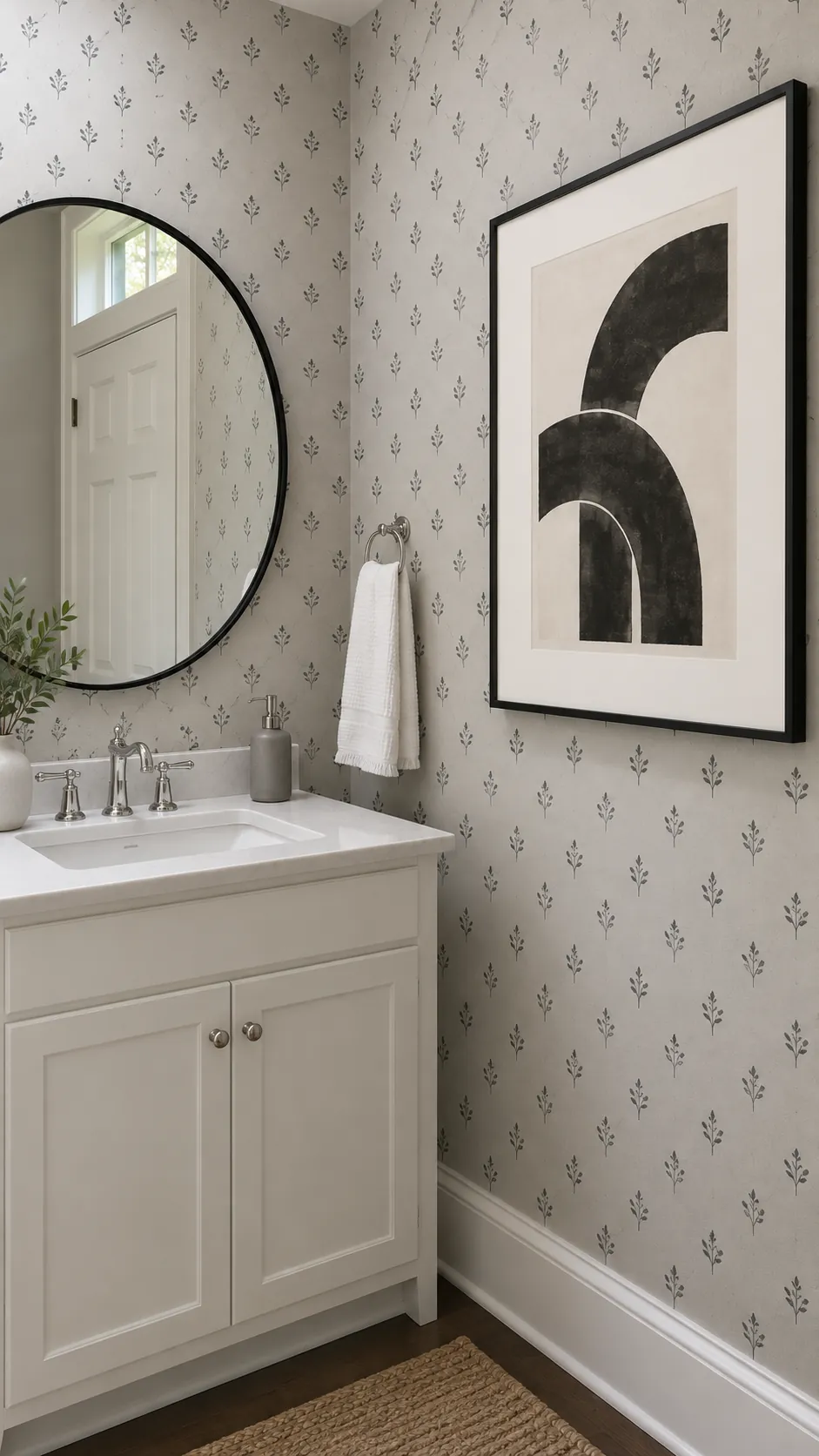 Simple block print against a small pattern paired with a round powder room mirror