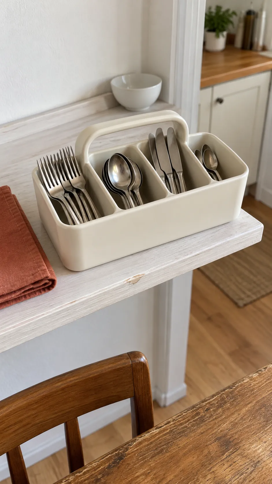 Divided carry caddy containing everyday flatware in a small rental kitchen
