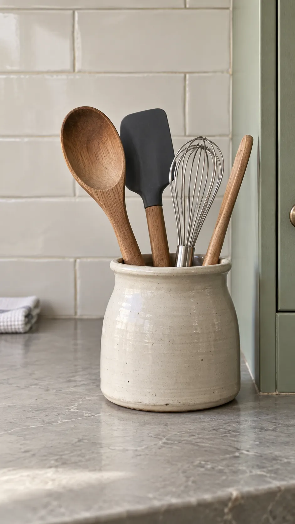 Weighted stoneware crock holding a small daily cooking tool set in a small rental kitchen